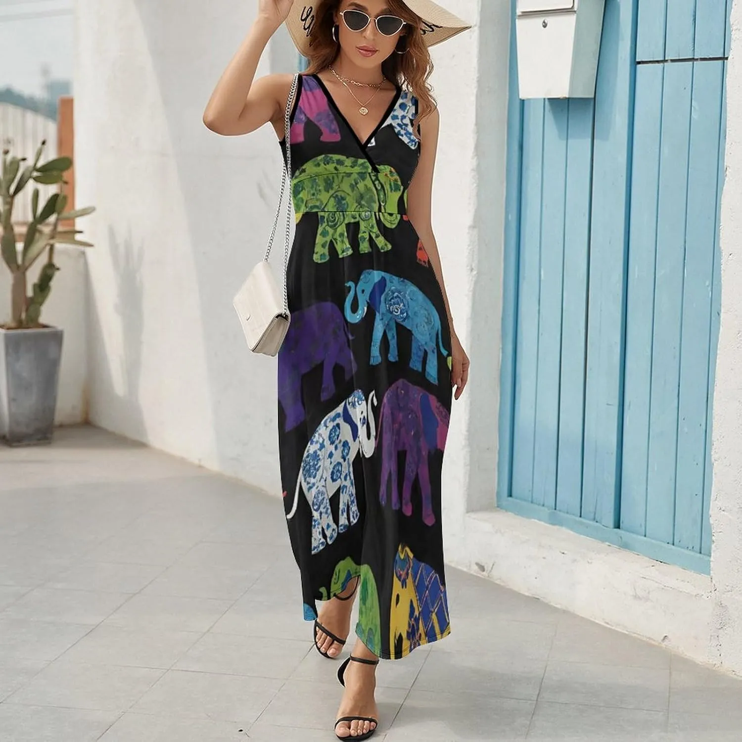 Women's V-Neck Sleeveless Midi Tank Dress for Vacation Party Wedding