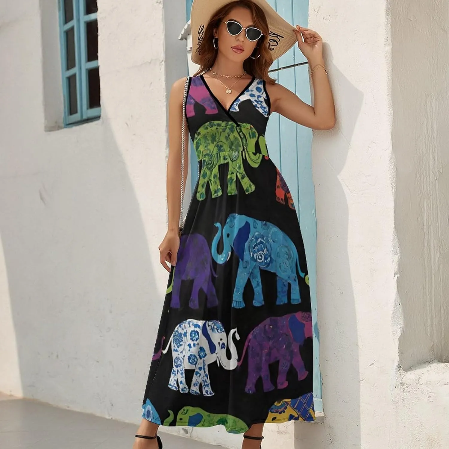 Women's V-Neck Sleeveless Midi Tank Dress for Vacation Party Wedding