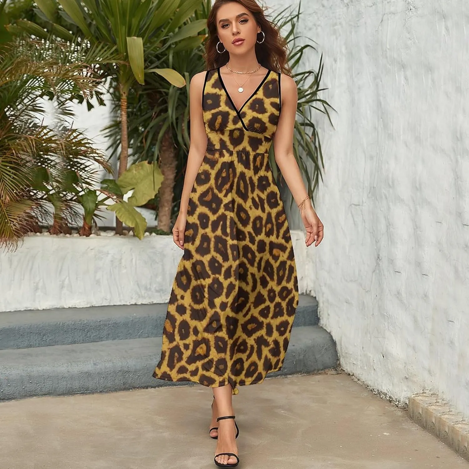 Women's V-Neck Sleeveless Swing Midi Sun Dress for Vacation Party Wedding