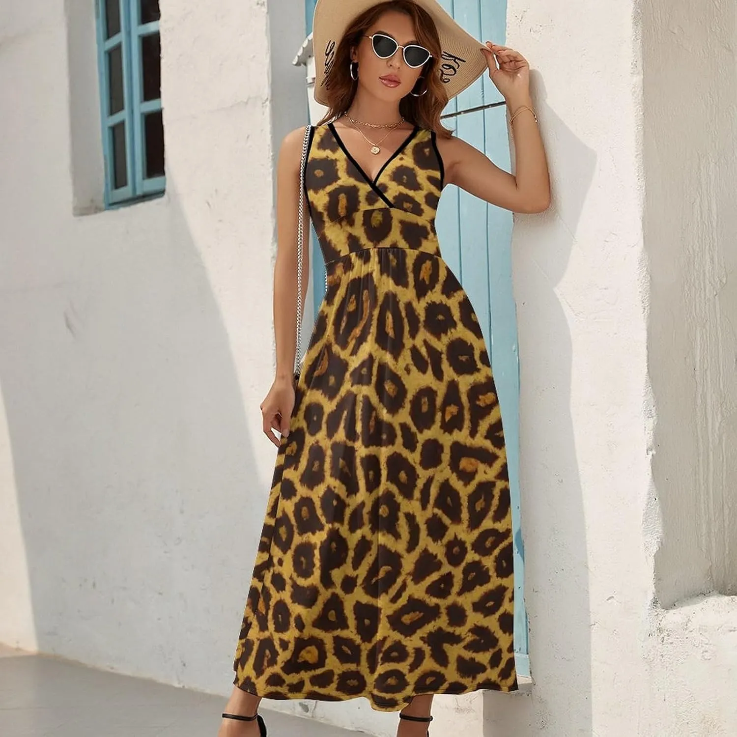 Women's V-Neck Sleeveless Swing Midi Sun Dress for Vacation Party Wedding