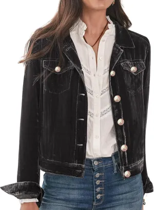 Women's Velvet Jacket Long Sleeve Button Down Cropped Open Front Coat with Pockets