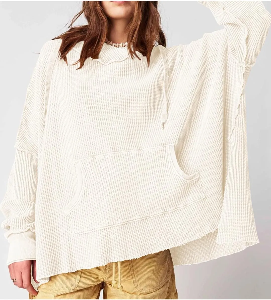 Womens Waffle Knit Hoodies Oversized Sweatshirt Long Sleeve Pullover Sweater