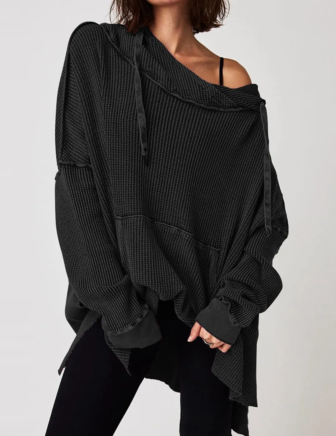 Womens Waffle Knit Hoodies Oversized Sweatshirt Long Sleeve Pullover Sweater
