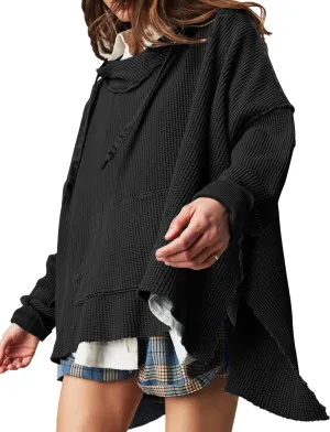 Womens Waffle Knit Hoodies Oversized Sweatshirt Long Sleeve Pullover Sweater