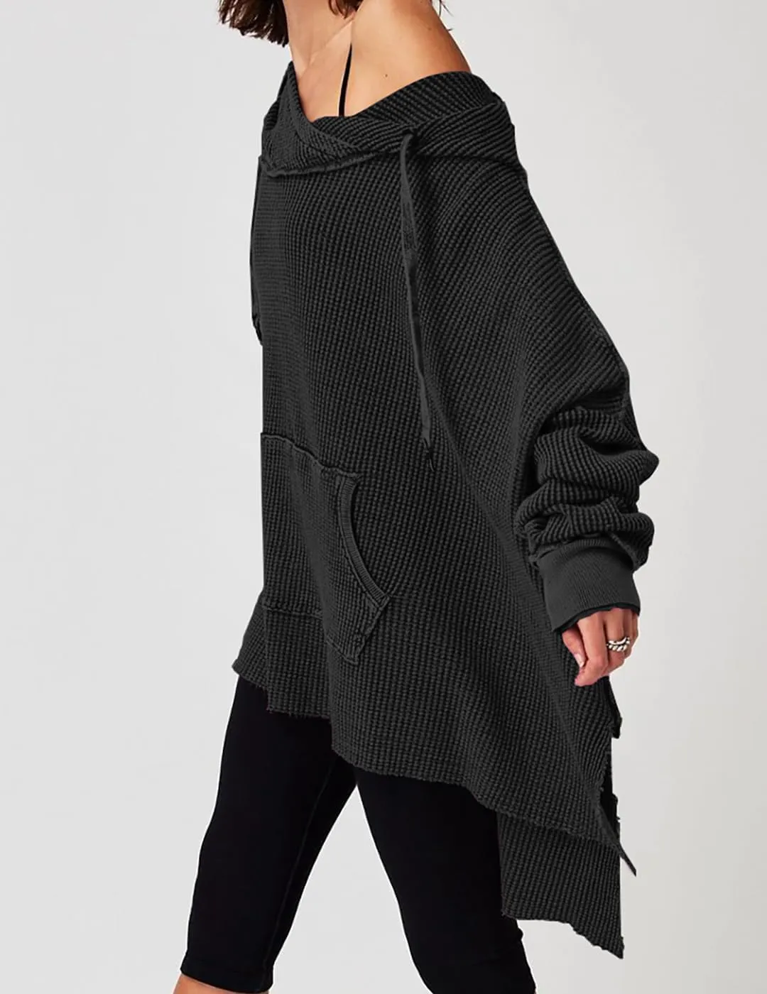 Womens Waffle Knit Hoodies Oversized Sweatshirt Long Sleeve Pullover Sweater