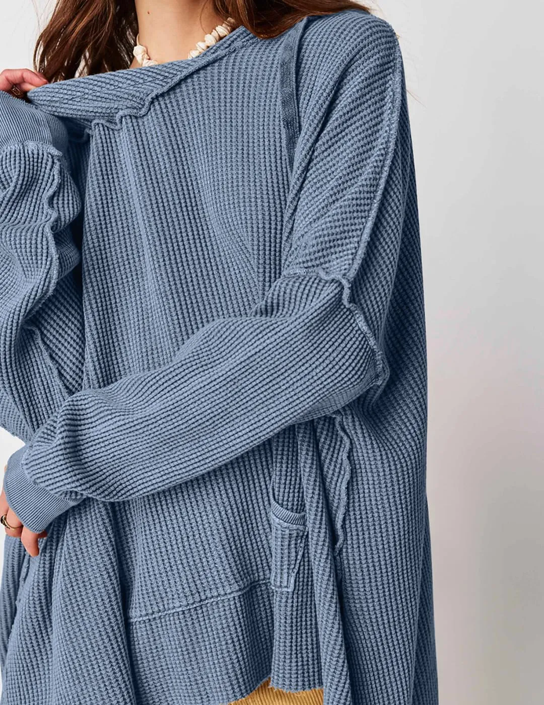 Womens Waffle Knit Hoodies Oversized Sweatshirt Long Sleeve Pullover Sweater