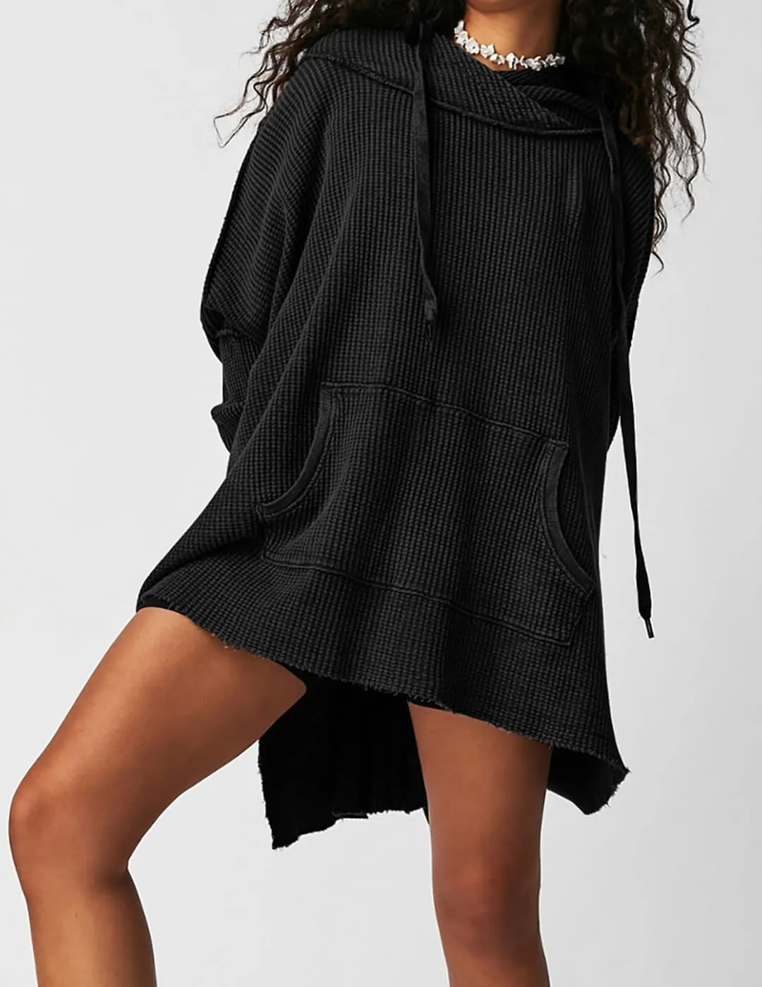 Womens Waffle Knit Hoodies Oversized Sweatshirt Long Sleeve Pullover Sweater