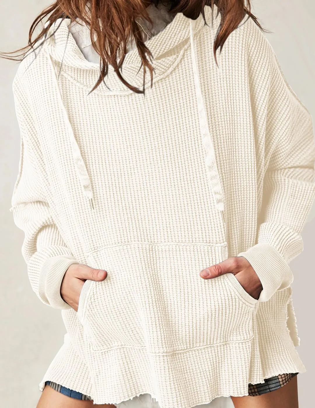 Womens Waffle Knit Hoodies Oversized Sweatshirt Long Sleeve Pullover Sweater