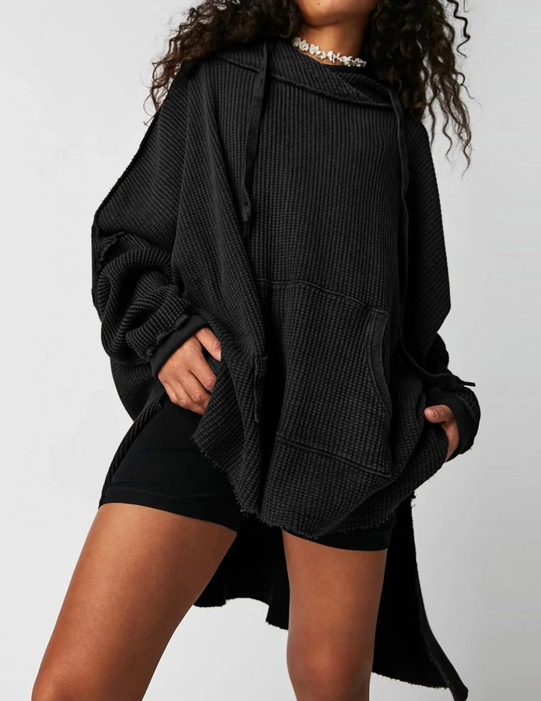 Womens Waffle Knit Hoodies Oversized Sweatshirt Long Sleeve Pullover Sweater
