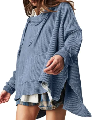 Womens Waffle Knit Hoodies Oversized Sweatshirt Long Sleeve Pullover Sweater
