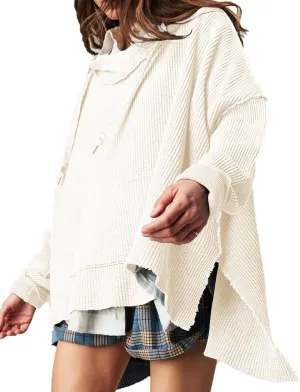 Womens Waffle Knit Hoodies Oversized Sweatshirt Long Sleeve Pullover Sweater