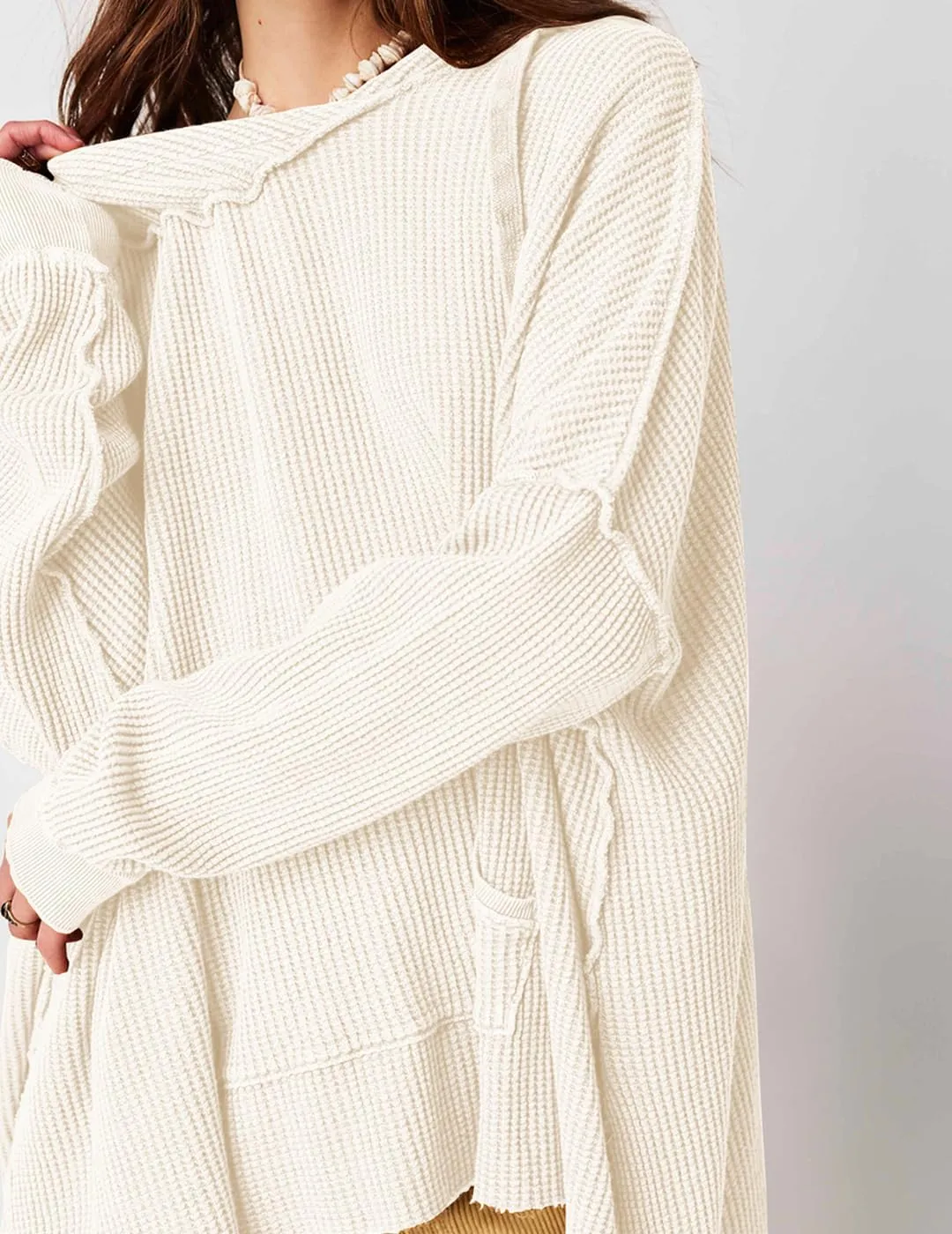 Womens Waffle Knit Hoodies Oversized Sweatshirt Long Sleeve Pullover Sweater