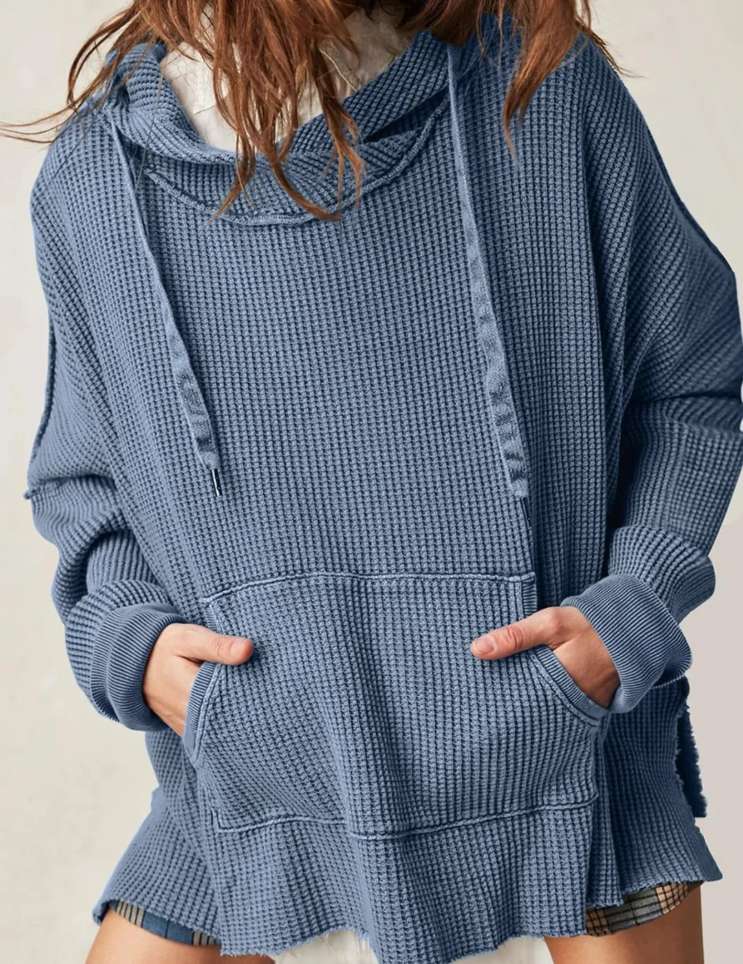 Womens Waffle Knit Hoodies Oversized Sweatshirt Long Sleeve Pullover Sweater