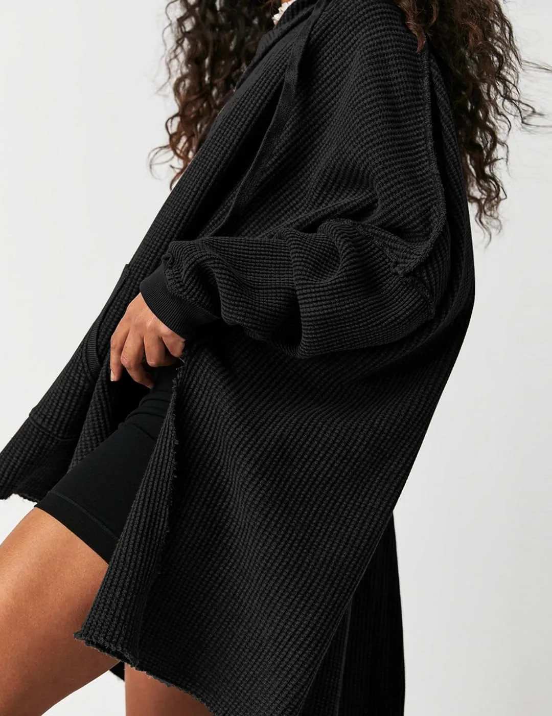Womens Waffle Knit Hoodies Oversized Sweatshirt Long Sleeve Pullover Sweater