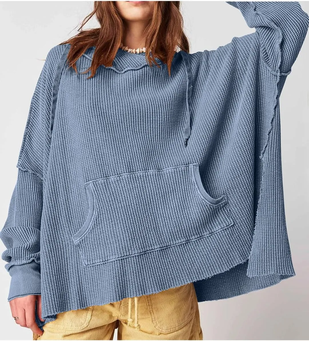 Womens Waffle Knit Hoodies Oversized Sweatshirt Long Sleeve Pullover Sweater