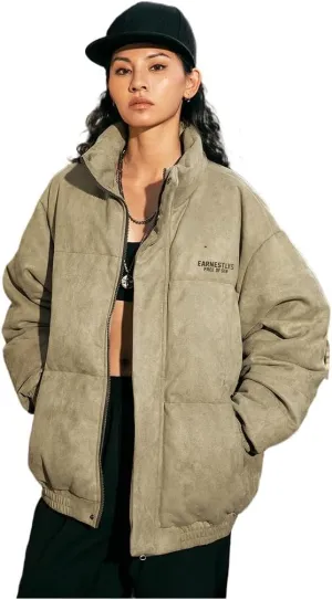 Women's Y2K Vintage Puffer Padded Jacket Aesthetics Suede Quilted Stand Collar Down Harajuku Long Sleeve Zip Top