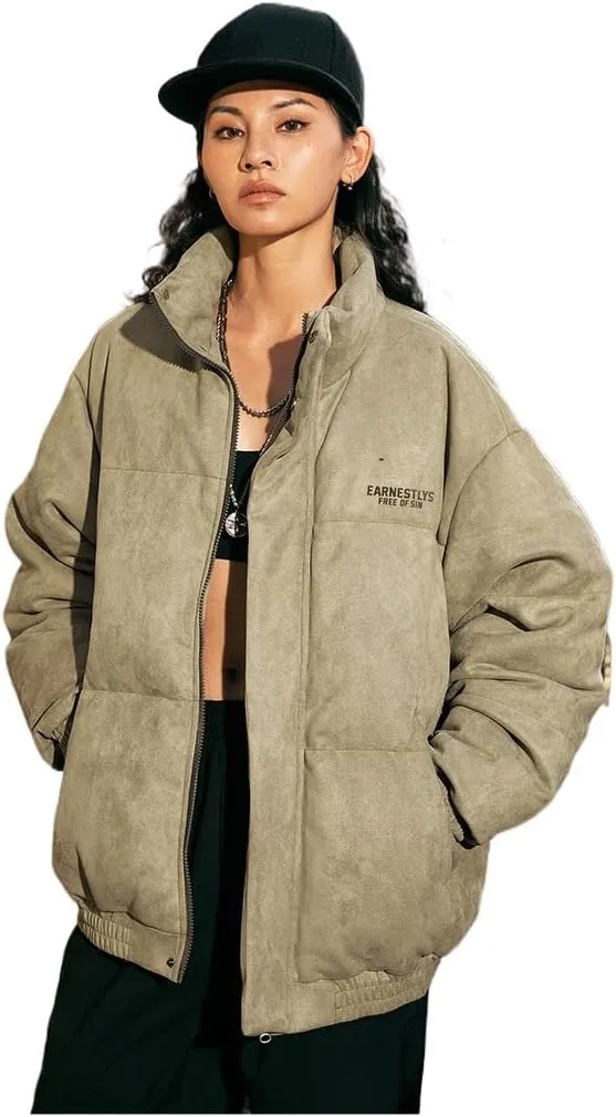 Women's Y2K Vintage Puffer Padded Jacket Aesthetics Suede Quilted Stand Collar Down Harajuku Long Sleeve Zip Top