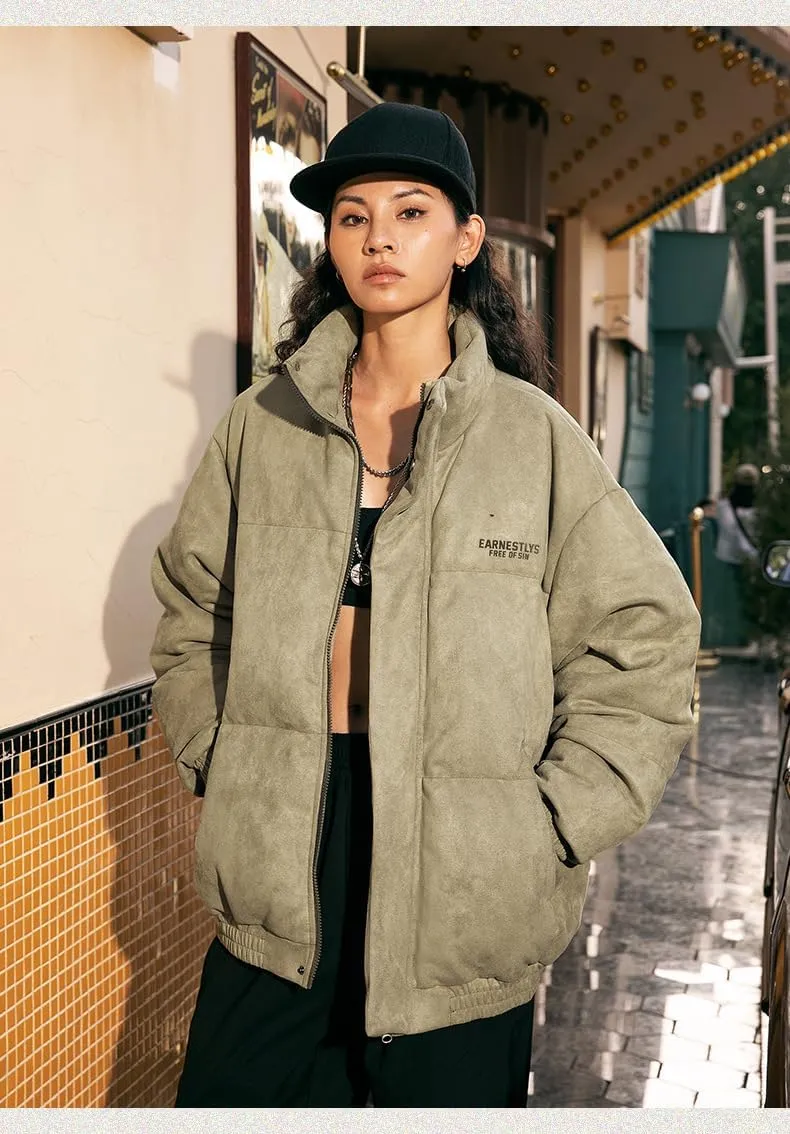 Women's Y2K Vintage Puffer Padded Jacket Aesthetics Suede Quilted Stand Collar Down Harajuku Long Sleeve Zip Top