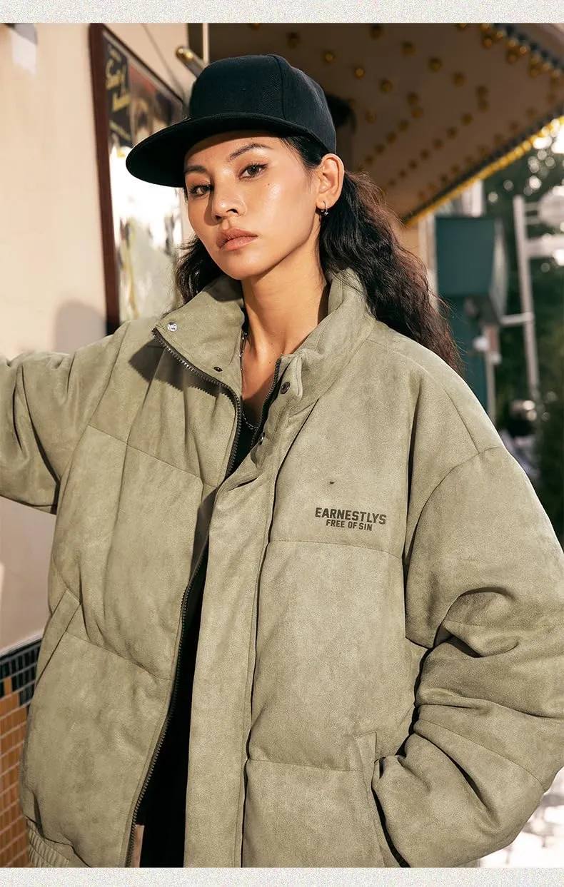 Women's Y2K Vintage Puffer Padded Jacket Aesthetics Suede Quilted Stand Collar Down Harajuku Long Sleeve Zip Top