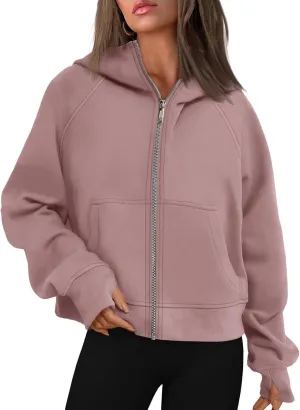 Womens Zip Up Hoodie Cropped Sweatshirts Thumb Hole Fleece Jackets with Pockets Trendy Fall Outfits Workout Coat