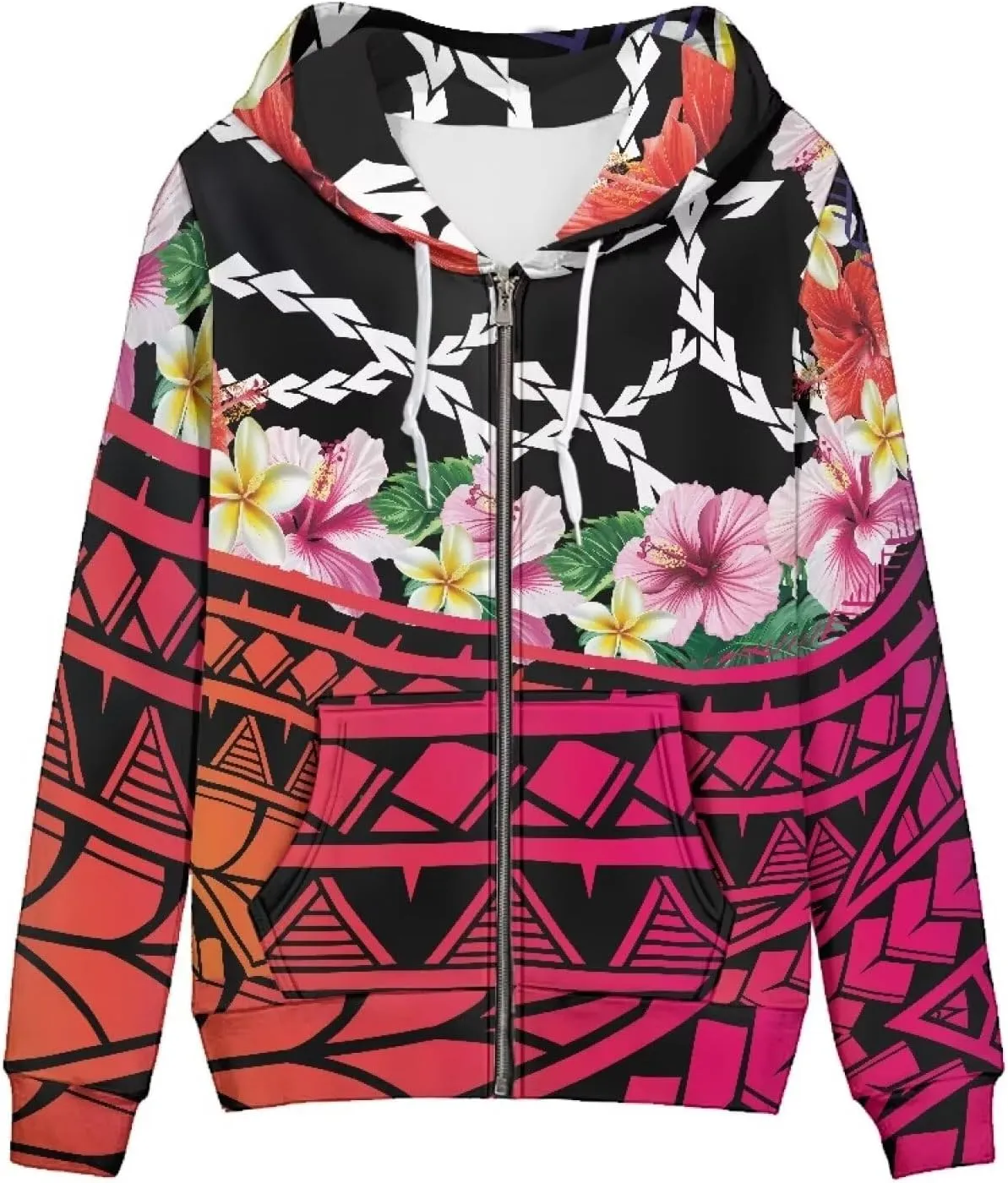 Women's Zip Up Samoa Tapa Polynesian Tribal Hoodies Jacket Samoan Puletasi Drawstring Long Sleeve Sweatshirt