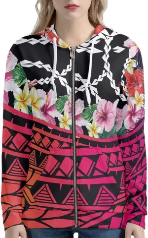Women's Zip Up Samoa Tapa Polynesian Tribal Hoodies Jacket Samoan Puletasi Drawstring Long Sleeve Sweatshirt