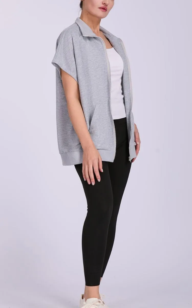 Women's Zip Up Sweatshirts Short Sleeve Lapel Oversized Summer Casual Loose Solid Sweatshirt Jacket with Pockets
