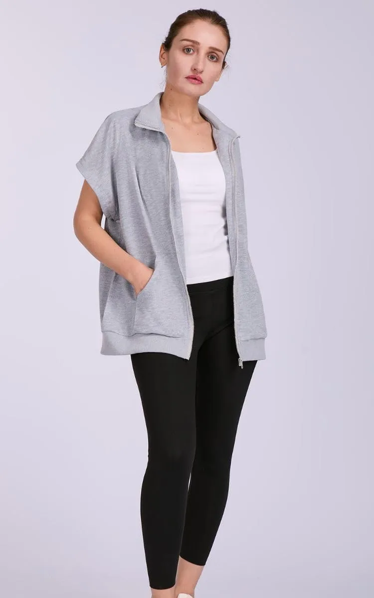 Women's Zip Up Sweatshirts Short Sleeve Lapel Oversized Summer Casual Loose Solid Sweatshirt Jacket with Pockets