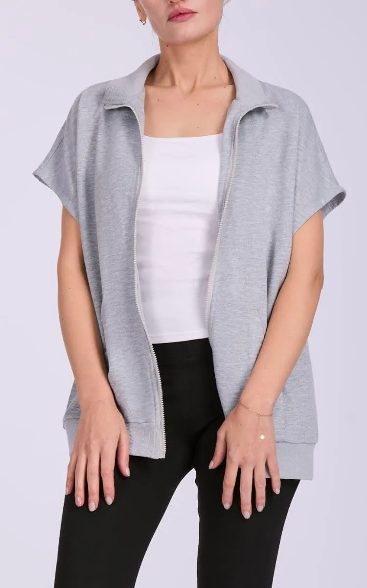 Women's Zip Up Sweatshirts Short Sleeve Lapel Oversized Summer Casual Loose Solid Sweatshirt Jacket with Pockets