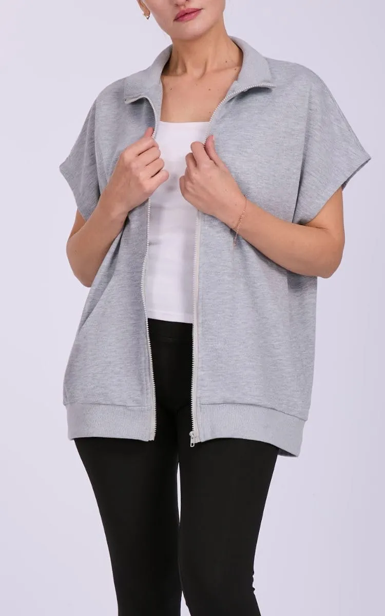 Women's Zip Up Sweatshirts Short Sleeve Lapel Oversized Summer Casual Loose Solid Sweatshirt Jacket with Pockets