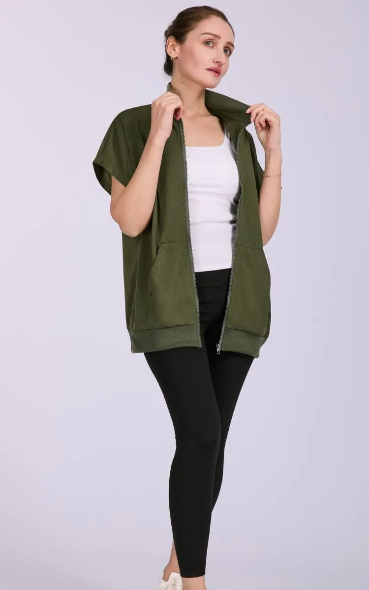Women's Zip Up Sweatshirts Short Sleeve Lapel Oversized Summer Casual Loose Solid Sweatshirt Jacket with Pockets