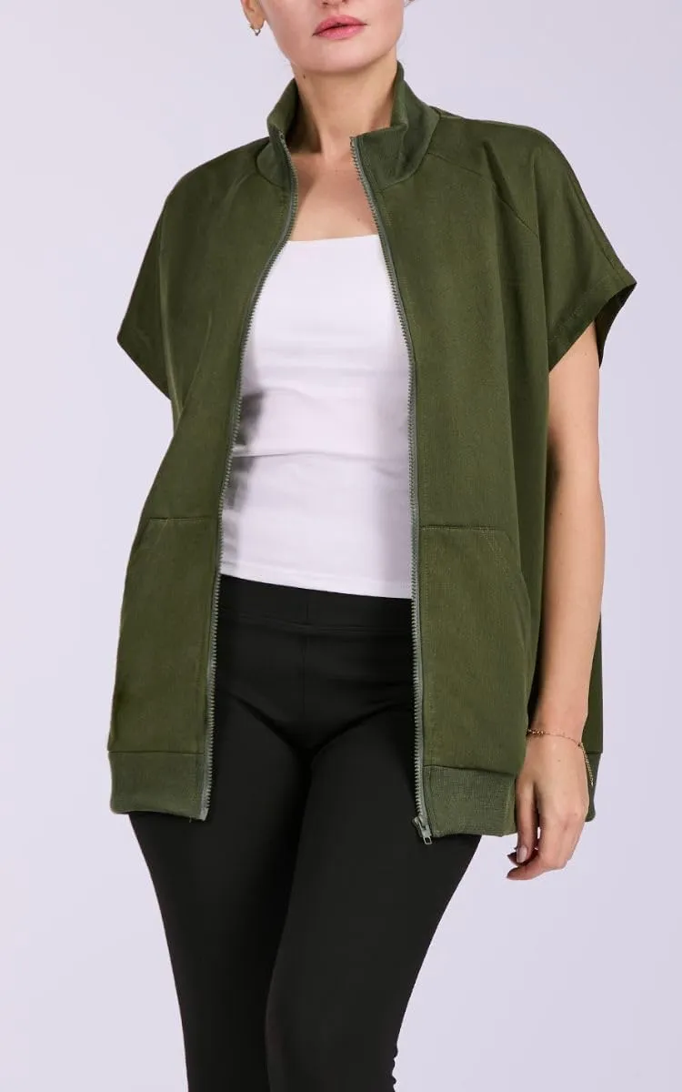 Women's Zip Up Sweatshirts Short Sleeve Lapel Oversized Summer Casual Loose Solid Sweatshirt Jacket with Pockets
