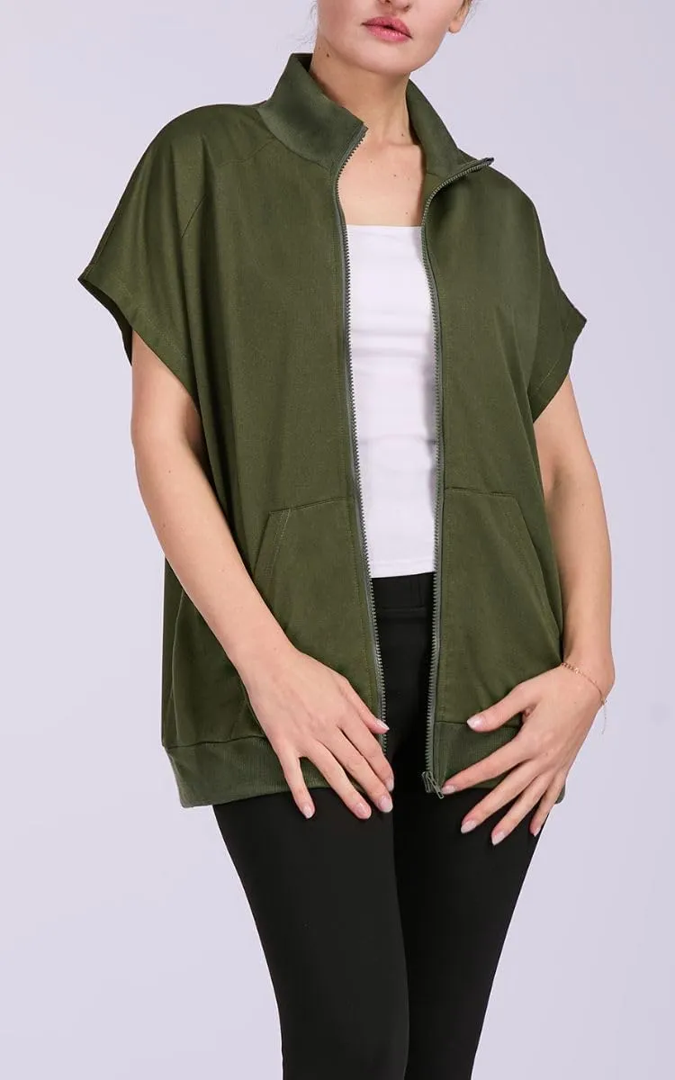 Women's Zip Up Sweatshirts Short Sleeve Lapel Oversized Summer Casual Loose Solid Sweatshirt Jacket with Pockets