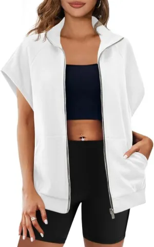 Women's Zip Up Sweatshirts Short Sleeve Lapel Oversized Summer Casual Loose Solid Sweatshirt Jacket with Pockets