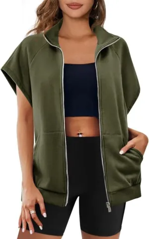 Women's Zip Up Sweatshirts Short Sleeve Lapel Oversized Summer Casual Loose Solid Sweatshirt Jacket with Pockets