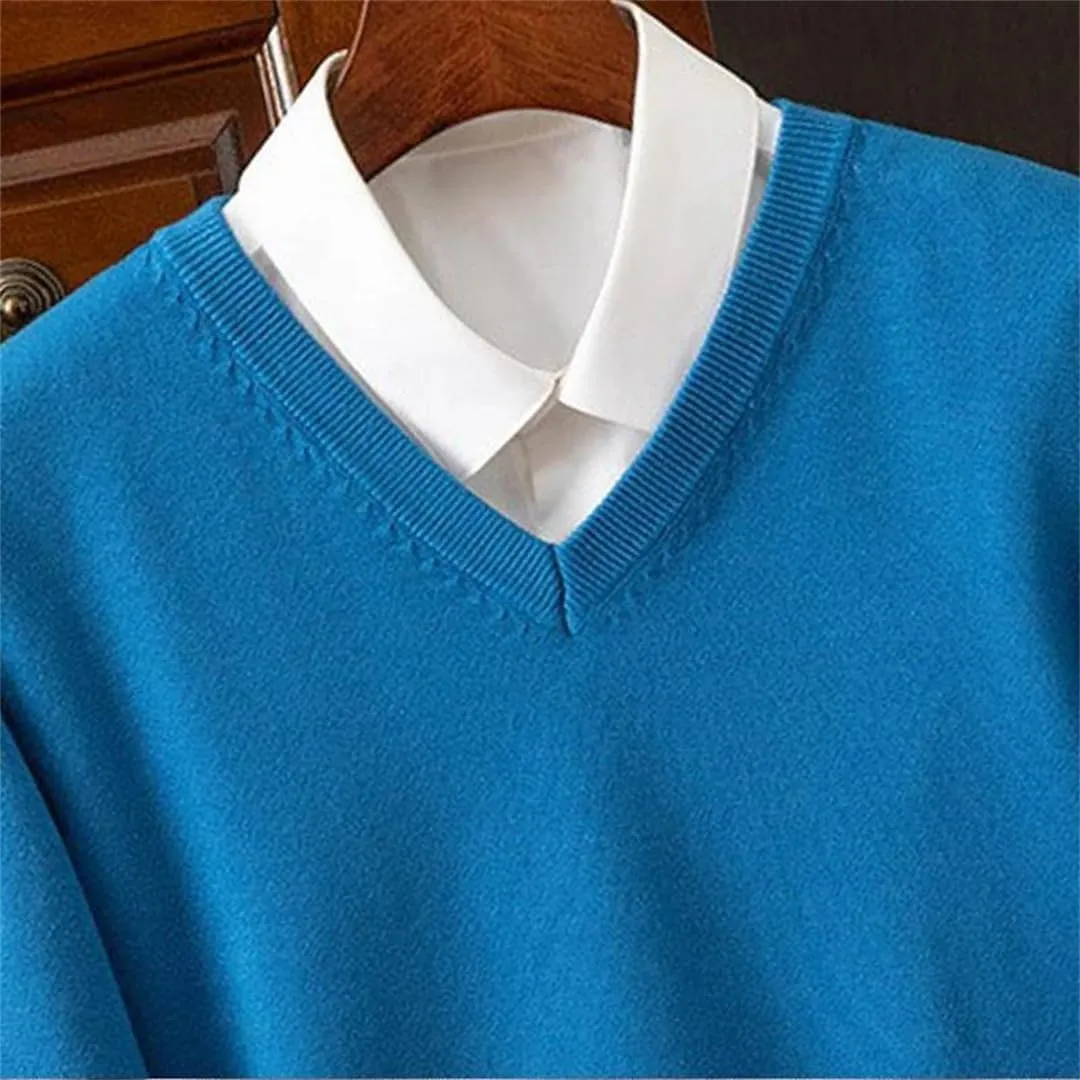 Wool Sweater Men's V-Neck Pullover Tops Autumn Winter Solid Color Versatile Basic Sweater.