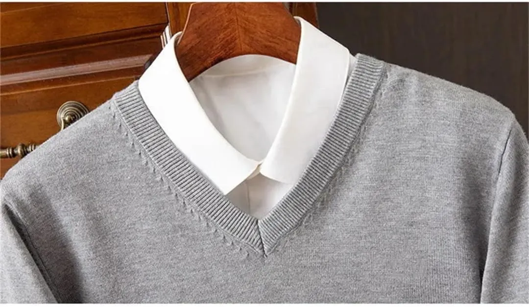 Wool Sweater Men's V-Neck Pullover Tops Autumn Winter Solid Color Versatile Basic Sweater.