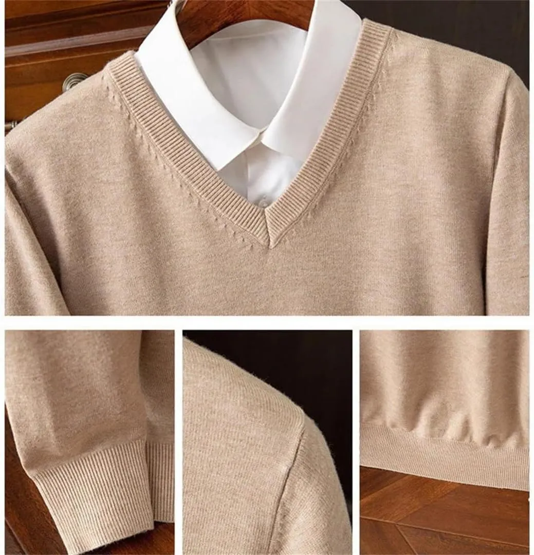 Wool Sweater Men's V-Neck Pullover Tops Autumn Winter Solid Color Versatile Basic Sweater.