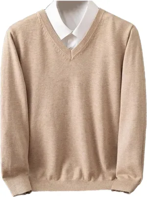 Wool Sweater Men's V-Neck Pullover Tops Autumn Winter Solid Color Versatile Basic Sweater.