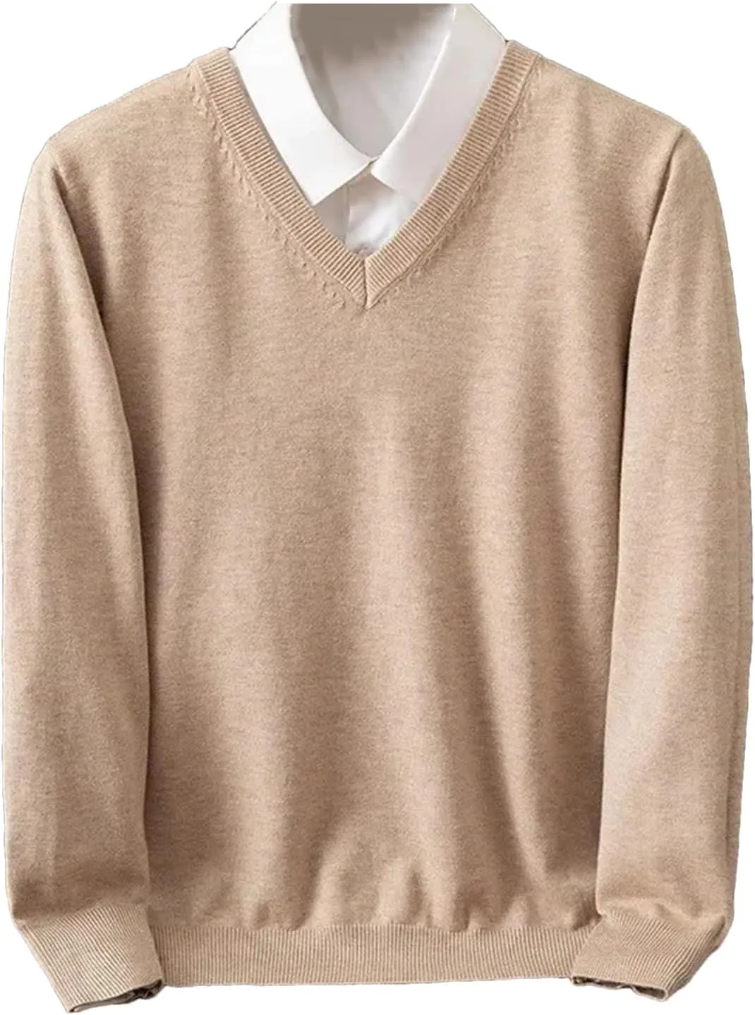 Wool Sweater Men's V-Neck Pullover Tops Autumn Winter Solid Color Versatile Basic Sweater.