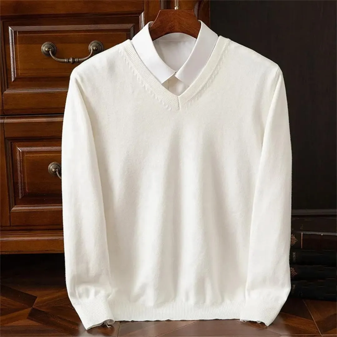 Wool Sweater Men's V-Neck Pullover Tops Autumn Winter Solid Color Versatile Basic Sweater.