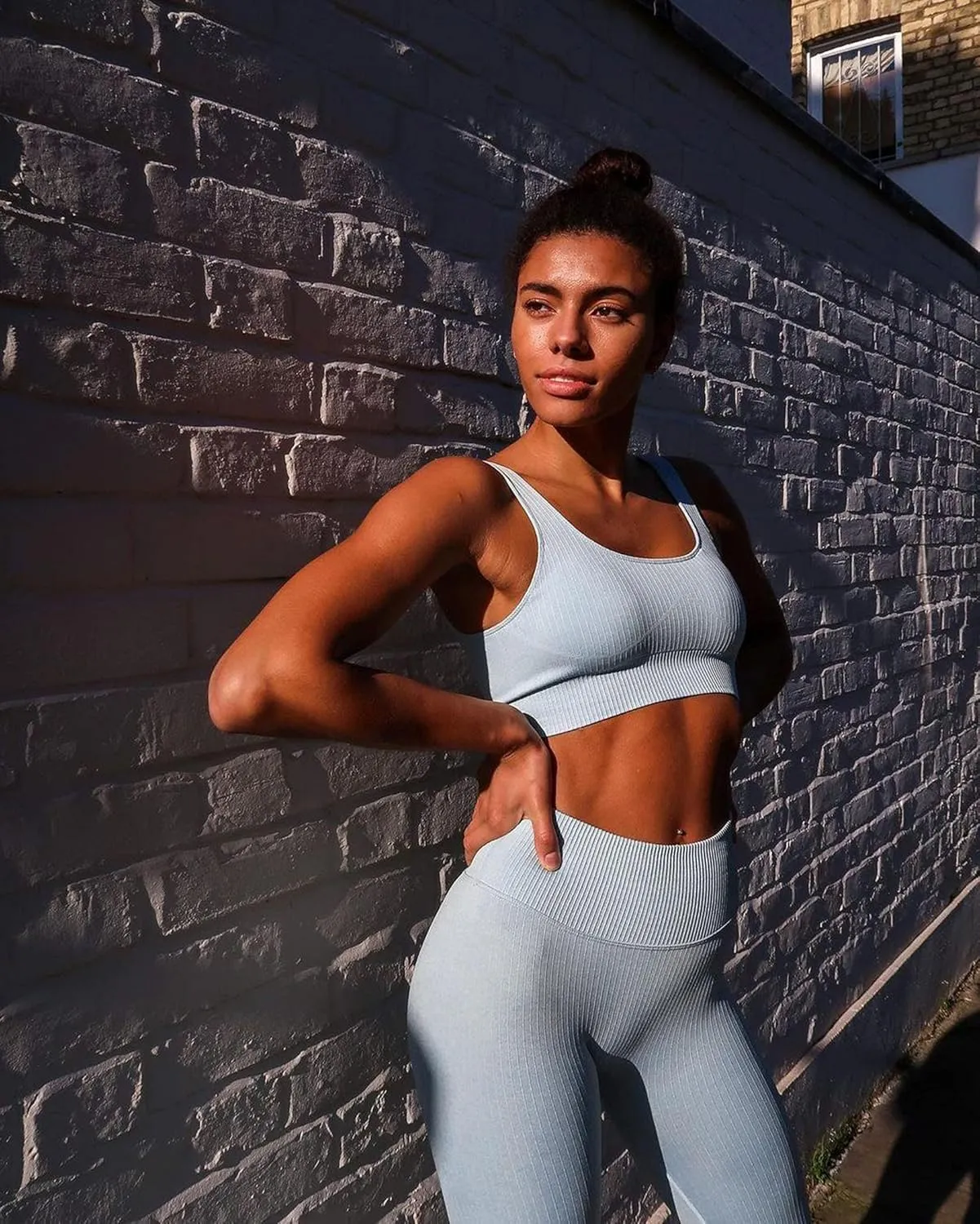 Workout Set for Women Outfit 2 Piece Seamless Ribbed High Waist Yoga Leggings with Sports Paded Bra