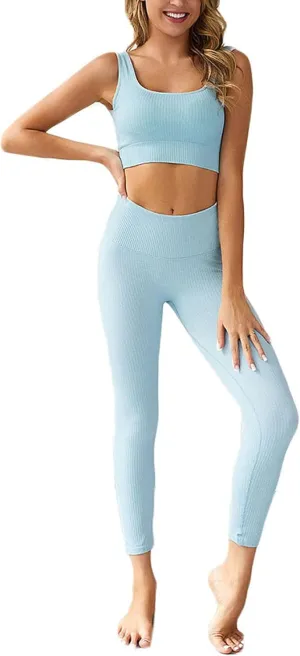 Workout Set for Women Outfit 2 Piece Seamless Ribbed High Waist Yoga Leggings with Sports Paded Bra
