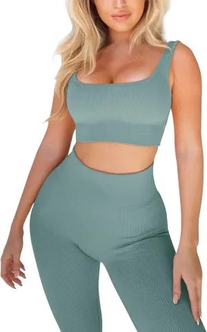 Workout Set for Women Outfit 2 Piece Seamless Ribbed High Waist Yoga Leggings with Sports Paded Bra
