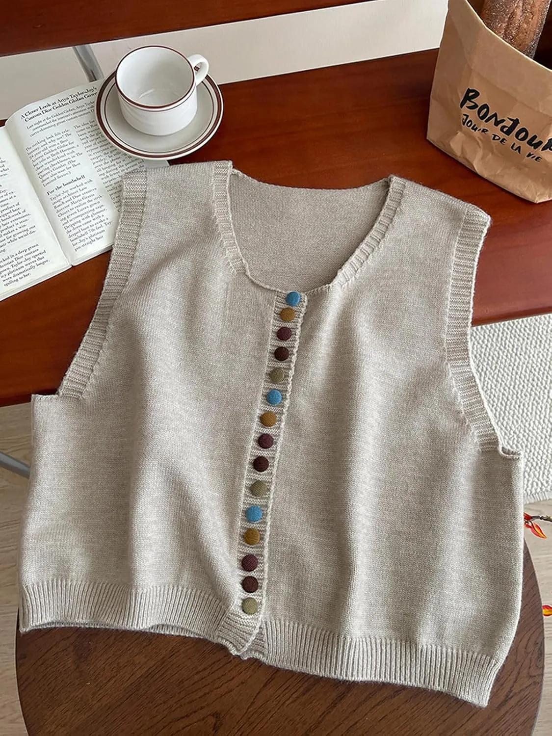 Wowcarbazole Womens Cropped Sweater Vest Sleeveless Cute Crewneck Knit Trendy Casual Button Down Cardigan Vest Top