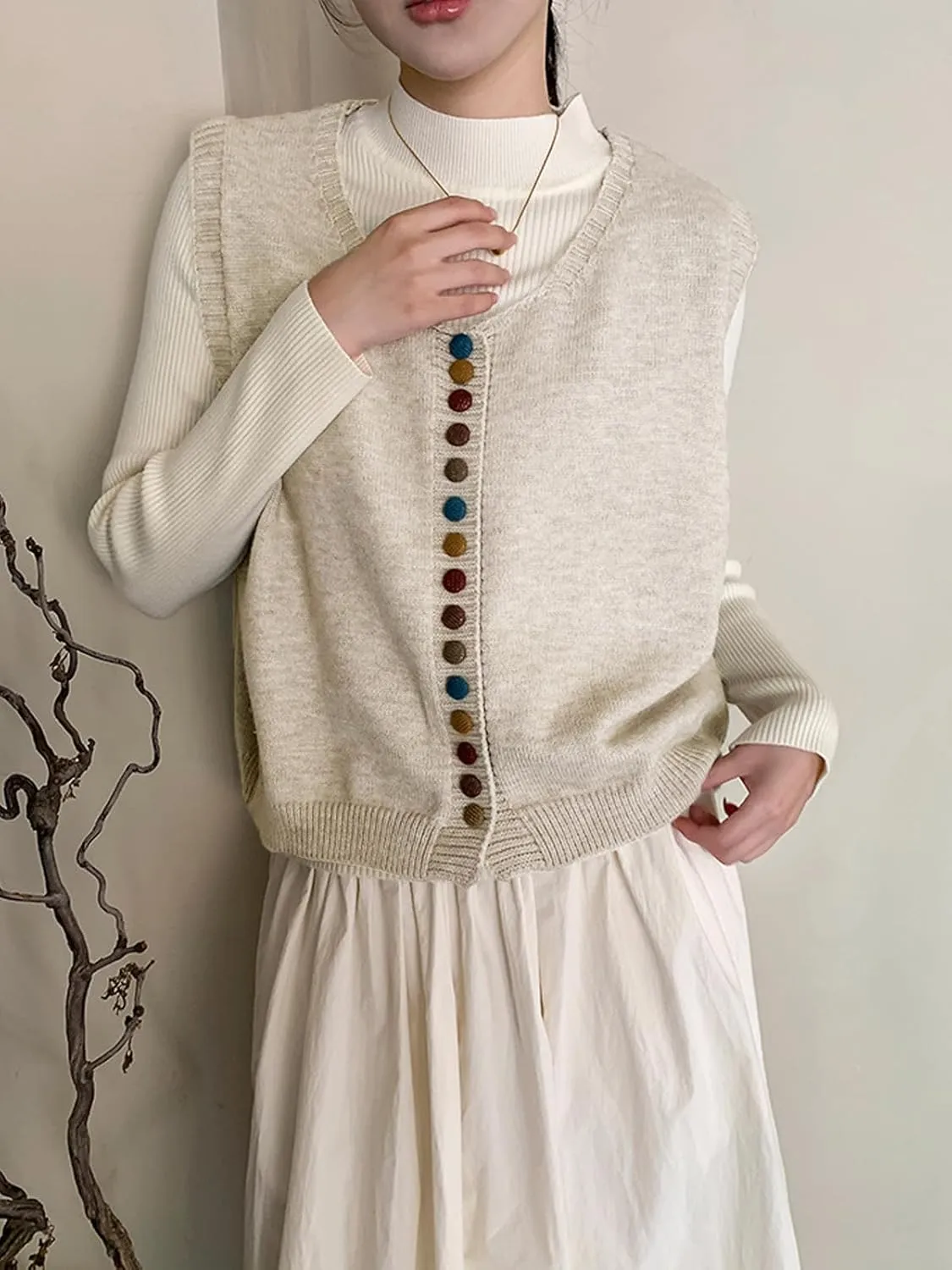 Wowcarbazole Womens Cropped Sweater Vest Sleeveless Cute Crewneck Knit Trendy Casual Button Down Cardigan Vest Top