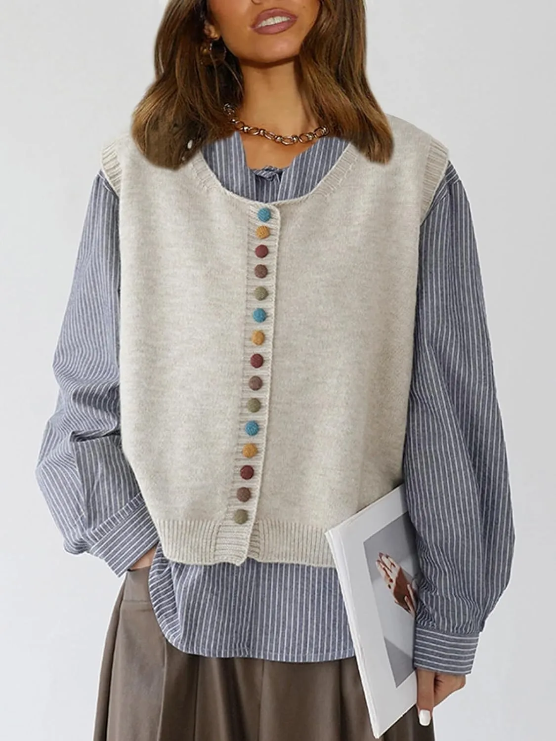 Wowcarbazole Womens Cropped Sweater Vest Sleeveless Cute Crewneck Knit Trendy Casual Button Down Cardigan Vest Top