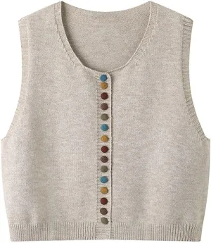 Wowcarbazole Womens Cropped Sweater Vest Sleeveless Cute Crewneck Knit Trendy Casual Button Down Cardigan Vest Top