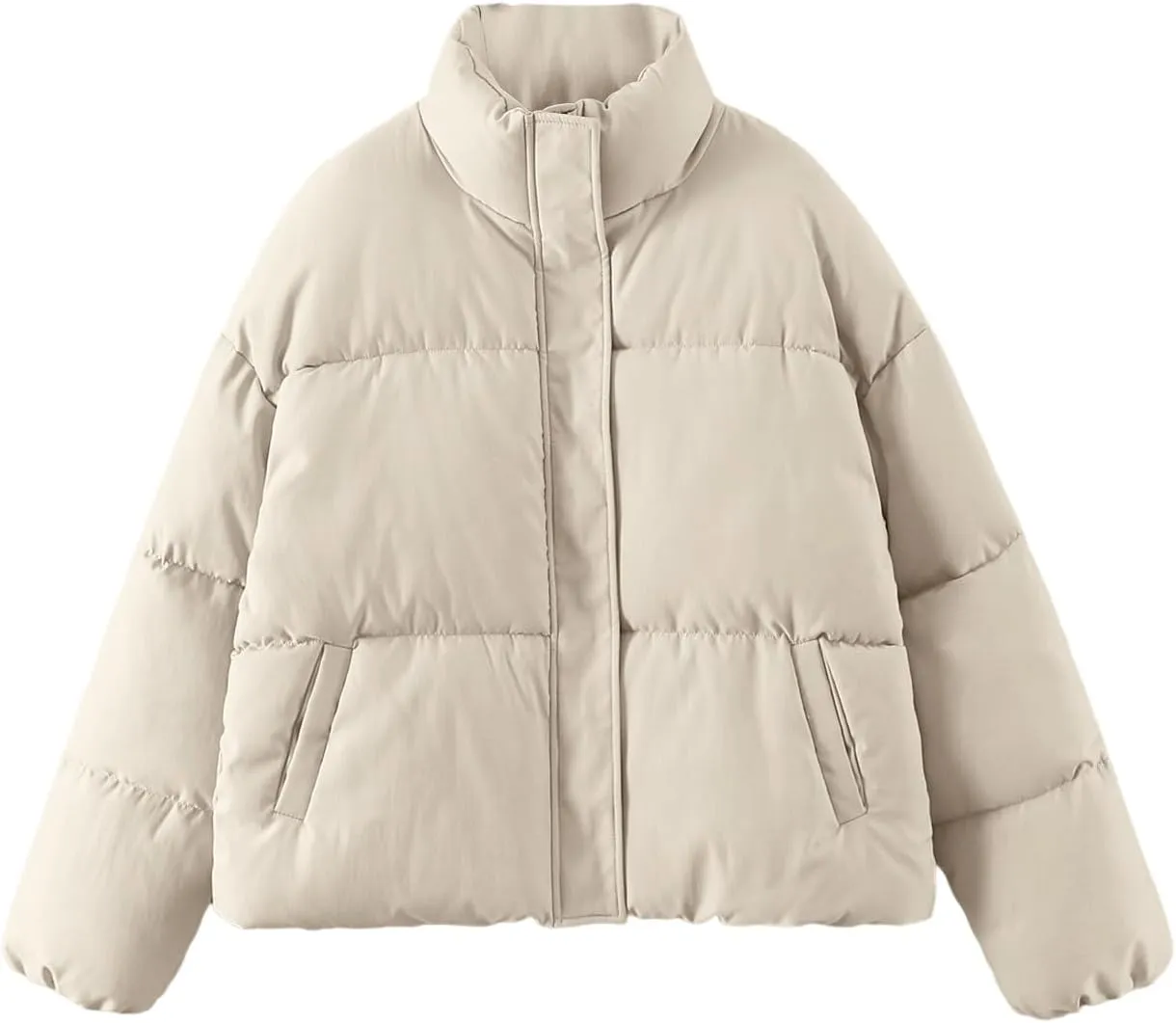 Wyeysyt Women's Winter Cropped Puffer Jacket Zip Long Sleeve Warm Short Coats Stand Collar Quilted Jacket with Pockets