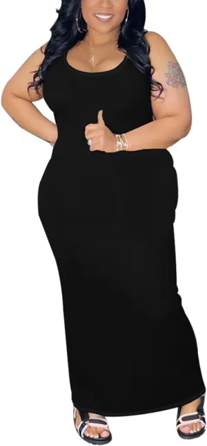 YeGine Women Plus Size Sleeveless Bodycon Maxi Dresses Sexy Slim Tank Dresses Black 3XL